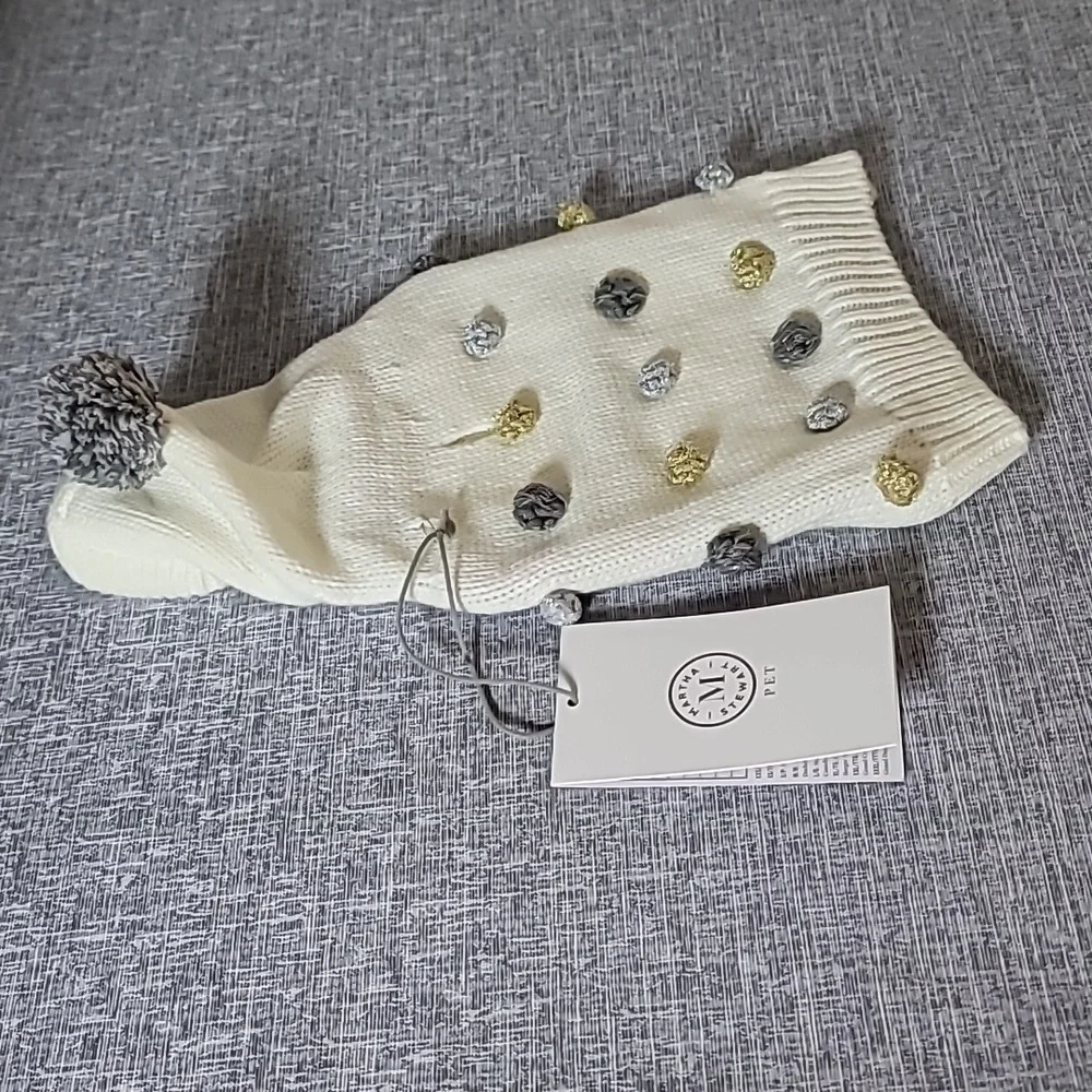 Martha Stewart Cream Dog Sweater Gold Silver Pom Pom Size XS NWT